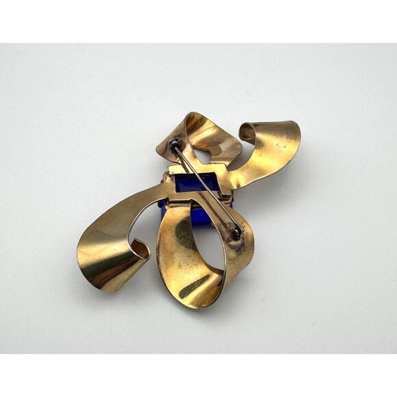 Vintage 1940s Retro Sterling Vermeil Bow Brooch with Blue Glass Stone - Picture 5 of 8